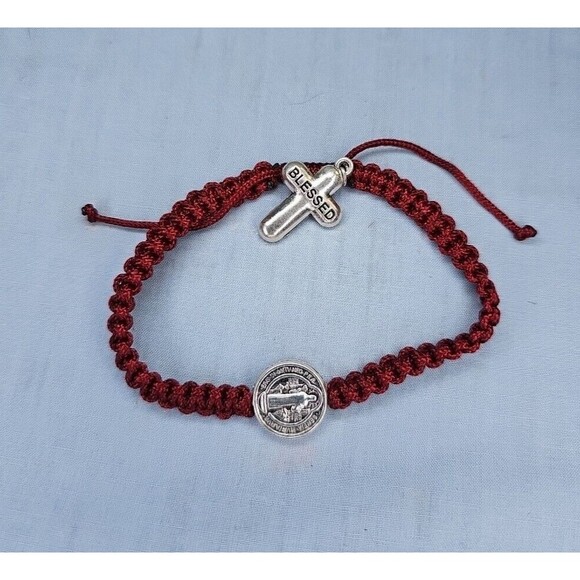 St. Benedict Blessed Cross Dark Red Bracelet Adjustable String Silver Tone Metal - Picture 1 of 5